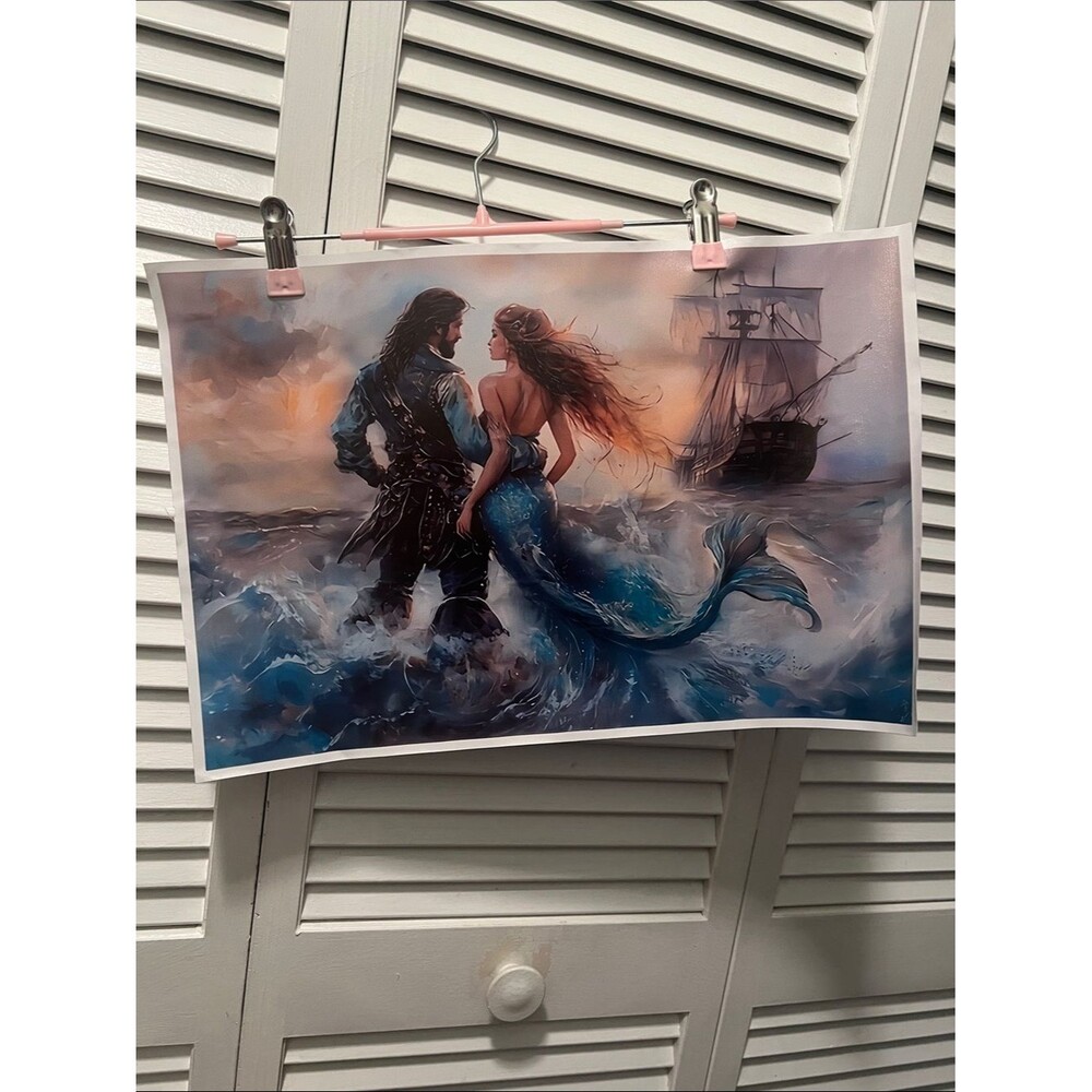 #2033: Unframed “13x19”Romantic Mermaid and Pirate Art Print - Ocean Blue